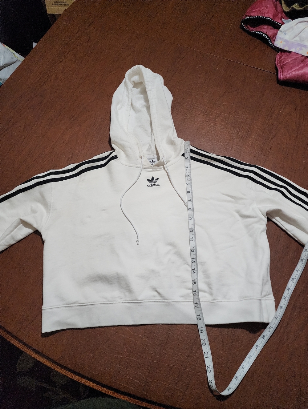 Adidas White Cropped Hoodie with Black 3-Stripes - Picture 7 of 10